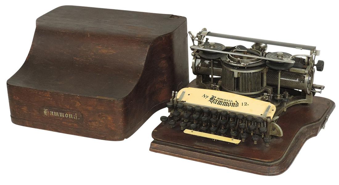Typewriter, Hammond No. 12 in oak case w/celluloid key guard, Good+ semi-working cond w/ part of (1 of 1)