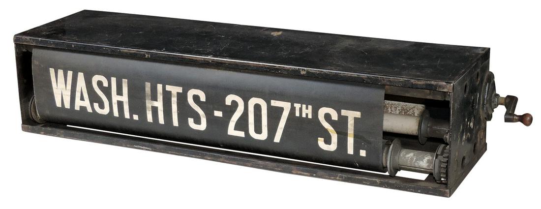 Trolley Car Destination Roll Sign, pressed steel w/crank-operated roll for Queens, Forest Hill & (1 of 1)