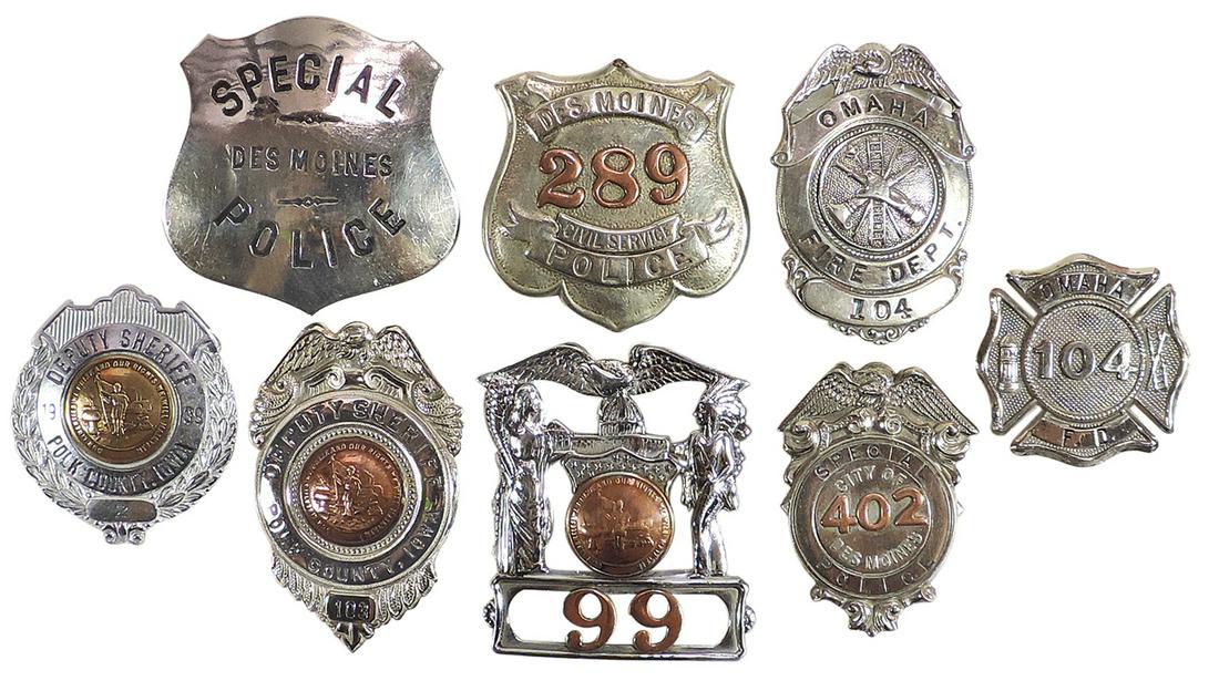 Police & Fireman Badges (8), Des Moines (3), Omaha (2), Polk Co. (2) & State of Iowa Motto "99" hat (1 of 1)