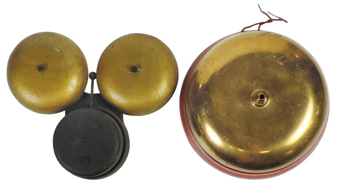 Fire Alarm Bells (2), Gamewell, cast iron housed semi-modern w/brass gong & 19th C. double gong pat. (1 of 1)