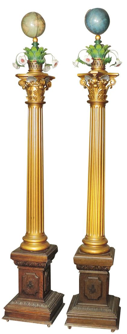Masonic Columns, carved, gilt & polychrome wood, c.1900, ea surmounted by celestial & terrestrial (1 of 1)