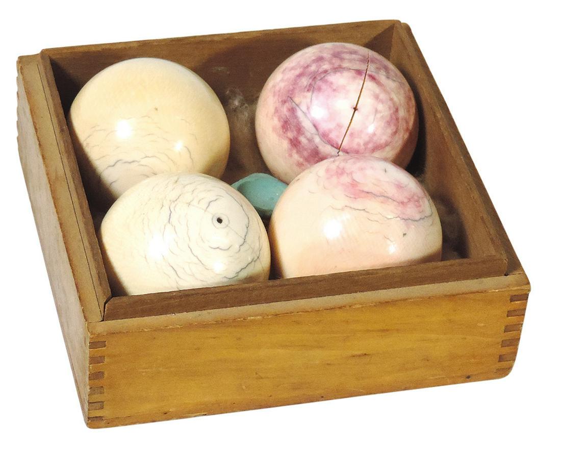 Billiards Cue Balls (4), antique natural animal material in orig wood box (base only), VG cond (1 of 1)