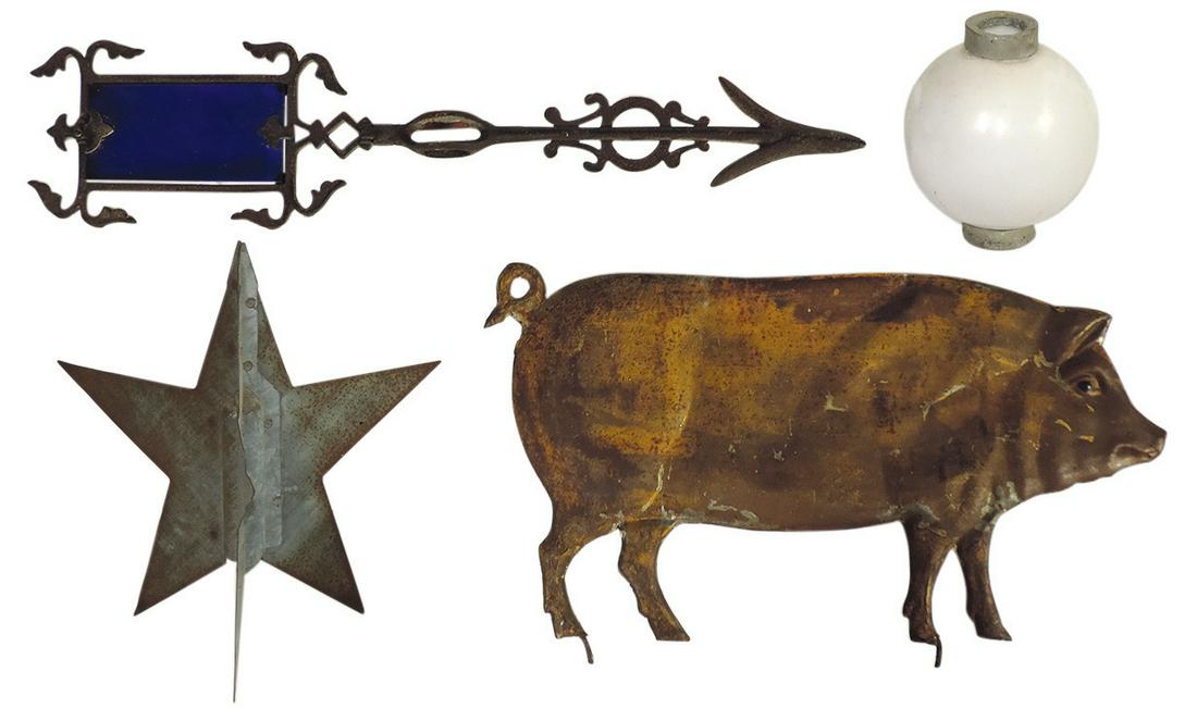 Weathervanes (4), embossed tin medium size Pig (no arrow), milk glass ball, cast iron arrow w/blue (1 of 1)