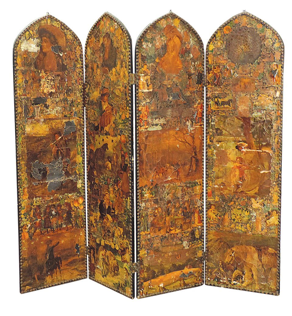 Folk Art Folding Room Screen, 4 arched wood frame panels overlaid w/Victorian Scrap cutouts on (1 of 2)