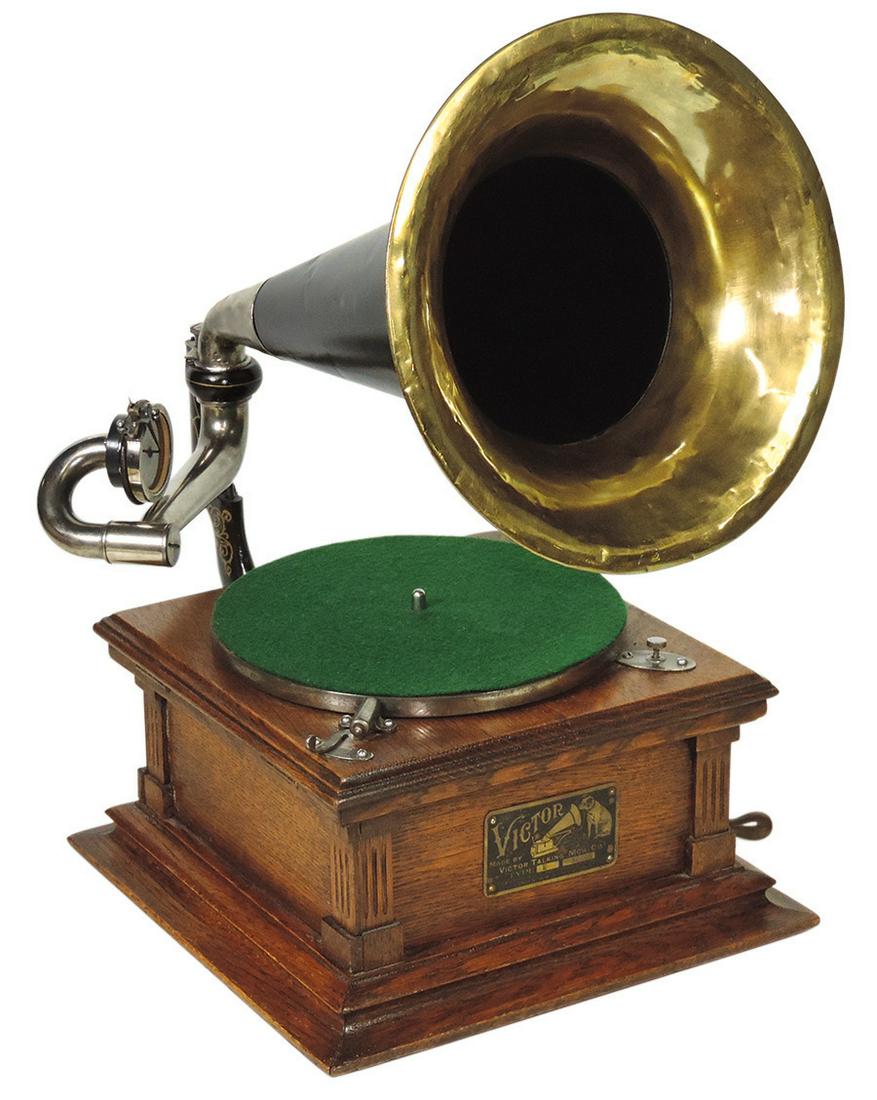 Music, Phonograph & Records, Victor Table Top Victrola, Type E w/brass bell horn & 47 78 rpm (1 of 3)