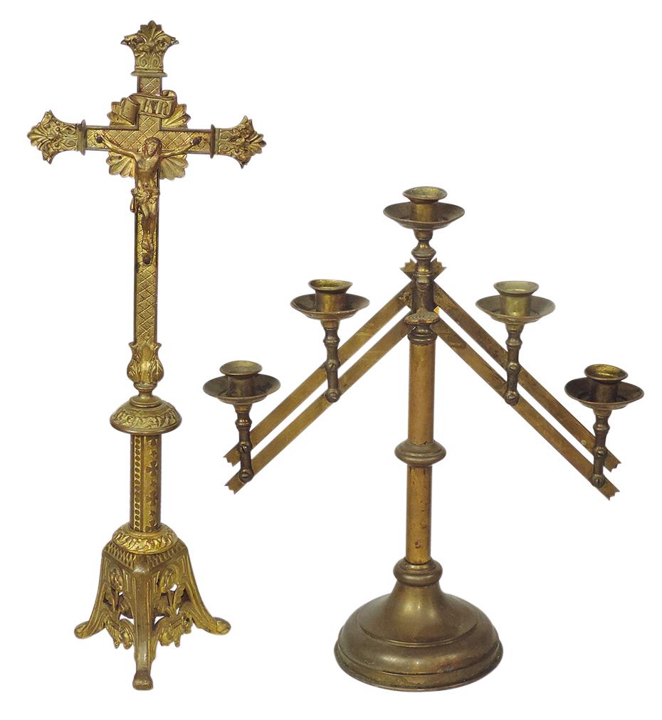 Altar Stands (2), gilt bronze crucifix & brass candelabrum w/adjustable arms, Good+ cond, larger (1 of 1)
