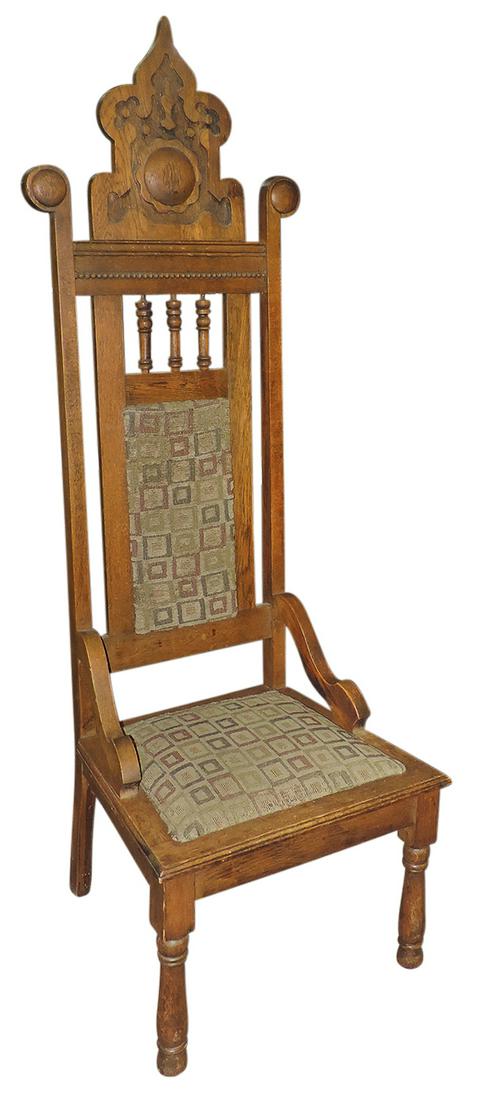 Religious, Gothic Presider Chair or Cathedra, oak high back w/intaglio carved crest, later: Religious, Gothic Presider Chair or Cathedra, oak high back w/intaglio carved crest, later upholstery, VG cond, 71"H x 24"W x 22"D.