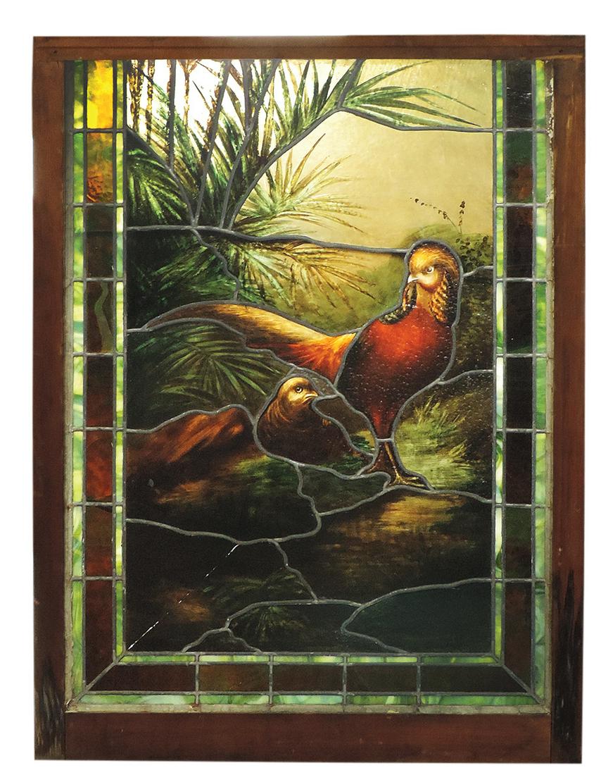Stained Glass Window, central enameled scene of two pheasants & fernery in orig window frame, great (1 of 1)