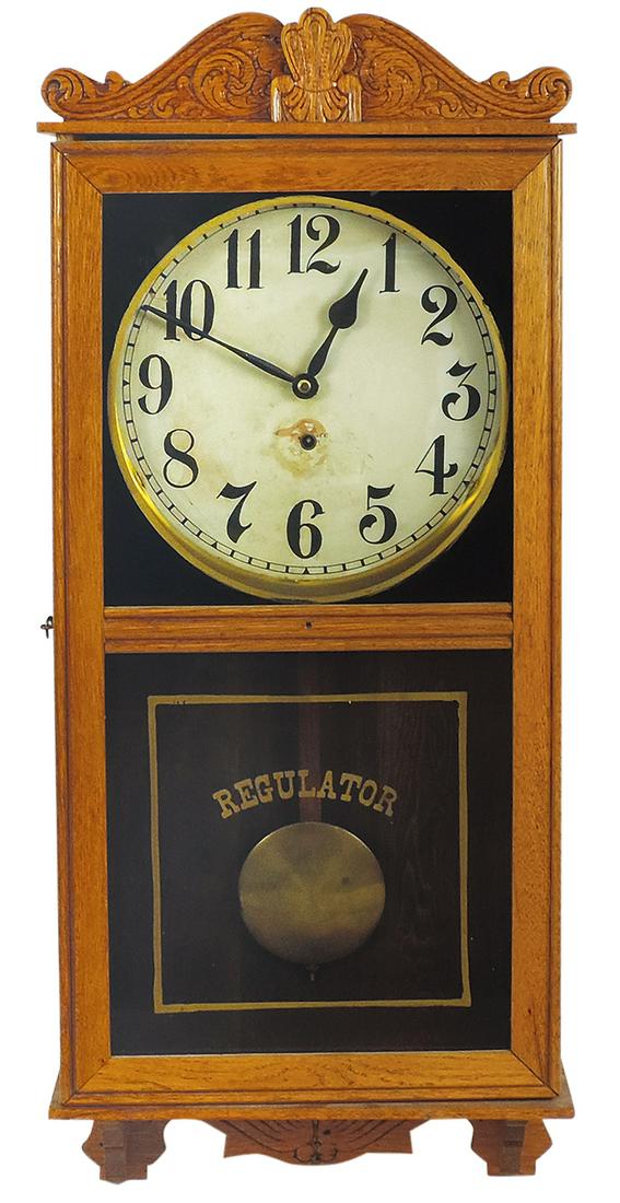 Clock, Regulator, oak, c.1900, VG working cond w/refinished case & key, 34"H x 16"W. (1 of 1)