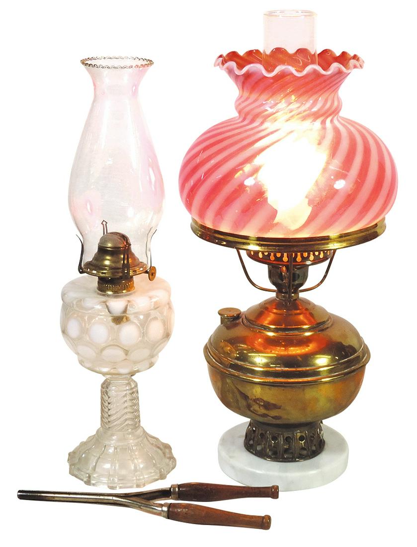 Lighting (2), kerosene table lamps, brass font w/cranberry opalescent-swirl shade (later (1 of 1)