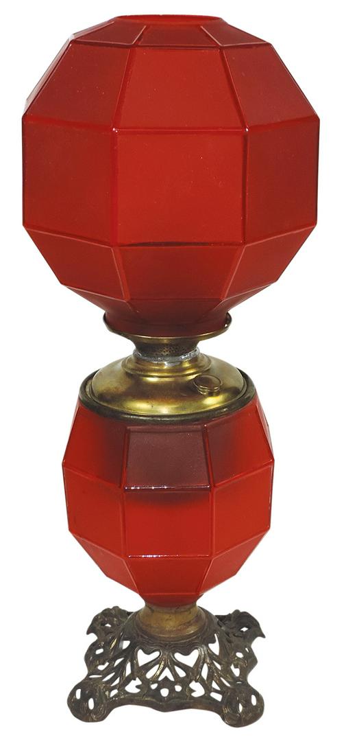Lighting, oil lamp, satin glass w/geometric panels & matching shade, red satin on cast iron openwork (1 of 1)