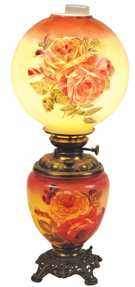 Lighting, oil lamp, GWTW-style, opalescent glass base w/roses & Success burner & matching (1 of 2)