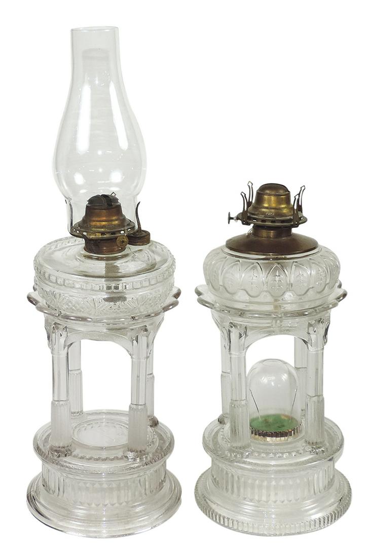Lighting (2), pressed glass portico lamps, matching bases w/associated fonts, VG cond noting center (1 of 1)