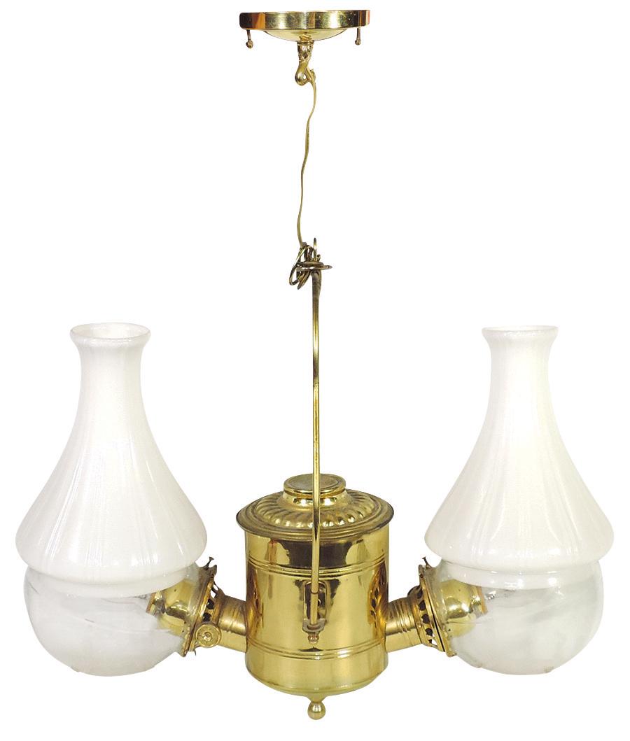 Lighting, double angle lamp burnished w/opalescent chimneys, later electrified, Exc working cond, (1 of 1)
