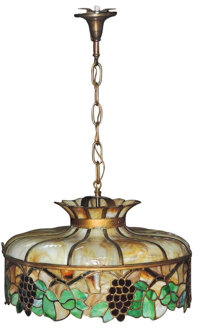 Lighting, hanging lamp, leaded & slag glass Grapes on Vine pattern w/gilt leading below 12 blown-out (1 of 1)