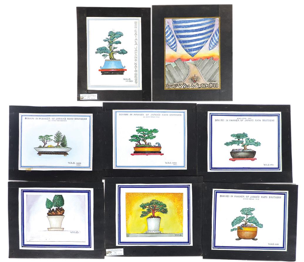 Paintings (8), Japanese Bonsai, watercolor on paper by W.A. Speery (Am. 20th C.), each titled: Paintings (8), Japanese Bonsai, watercolor on paper by W.A. Speery (Am. 20th C.), each titled depicting works after Kato Brothers 1918-20, all Exc cond w/custom mats, largest 15"H x 12.5"W.