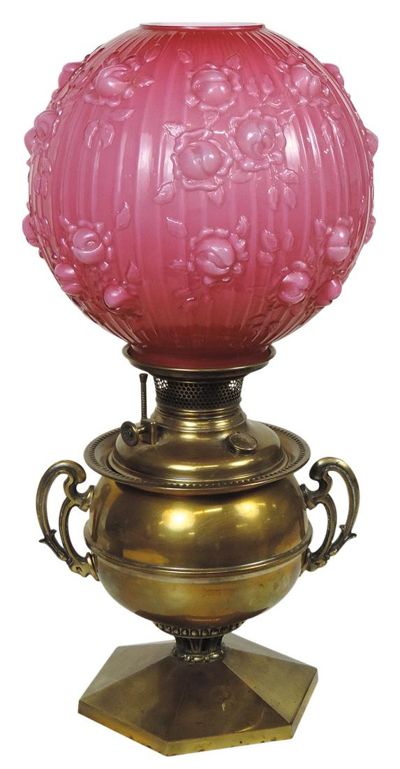 Lighting, Victorian oil lamp, brass handled base by Bradley & Hubbard w/electrified font & later (1 of 1)