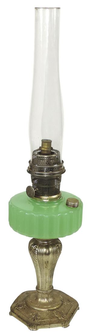 Lighting, Aladdin oil lamp, Jadeite green glass in Corinthian pattern w/silvered metal stemmed base (1 of 1)