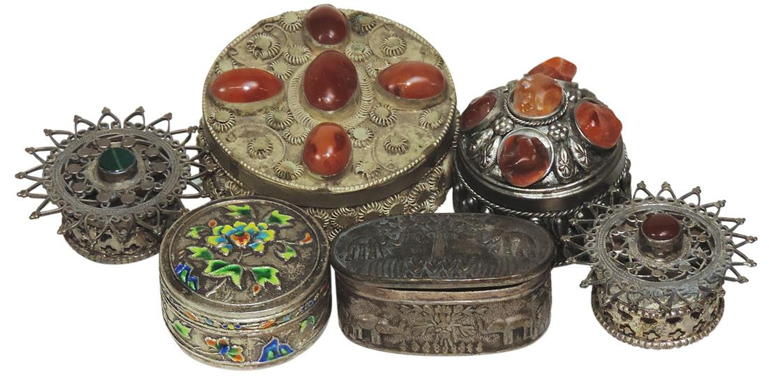 Oriental Snuff/Pill Boxes (6), silvered metal, 2 w/Agate jewels, a champlevÃ© enamel, an oval (1 of 1)