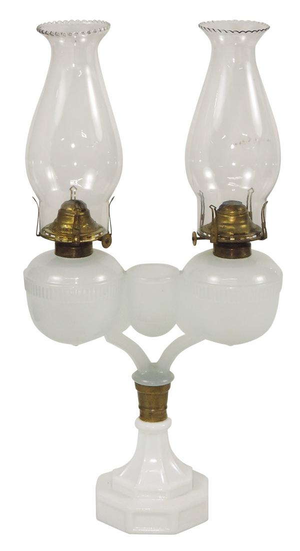 Lighting, Wedding oil lamp, double clambroth fonts w/Queen Anne burners on milk glass pedestal, (1 of 1)