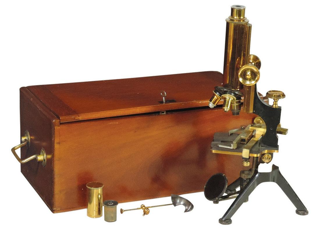 Microscope, Watson & Sons, England, brass compound tripod base w/rack & pinion focus, X & Y (1 of 1)