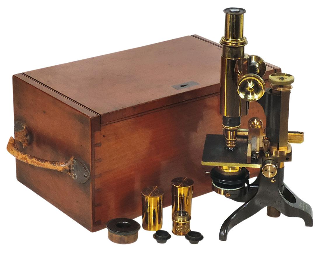 Microscope, Charles Baker, London, c.1880, compound brass w/tripod base, Plano-Concave mirror & (1 of 2)