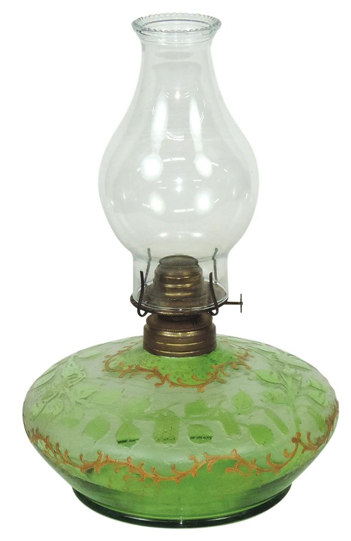Lighting, French Cameo glass oil lamp, green clear glass cut w/leafy vines & enameled scrolls in the (1 of 1)
