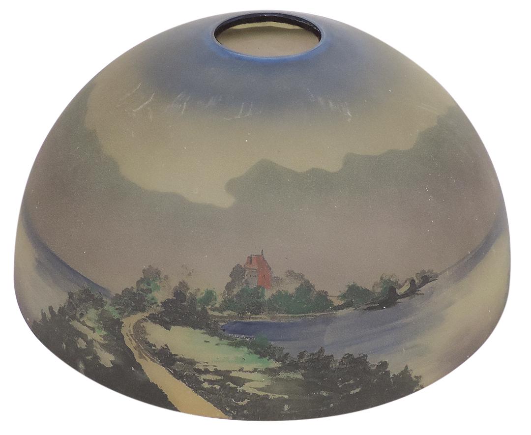 Lighting, Arts & Crafts scenic shade, acid finish w/hand-painted seashore scene on exterior,: Lighting, Arts & Crafts scenic shade, acid finish w/hand-painted seashore scene on exterior, unmarked, Exc cond, 16"Dia.