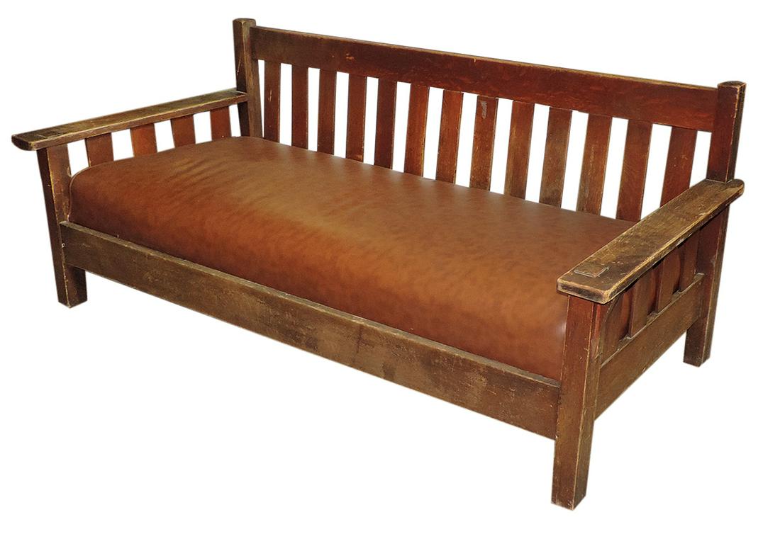 Furniture, Arts & Crafts oak settle, slat back & arm rests w/cushioned vinyl seat, Good+ cond w/orig (1 of 1)