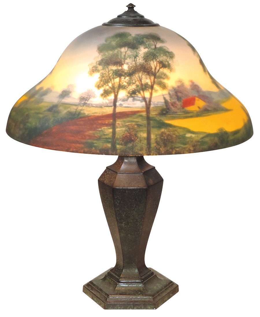 Arts & Crafts, Classique reverse-painted table lamp, textured bell-form glass shade w/cottage scene (1 of 3)