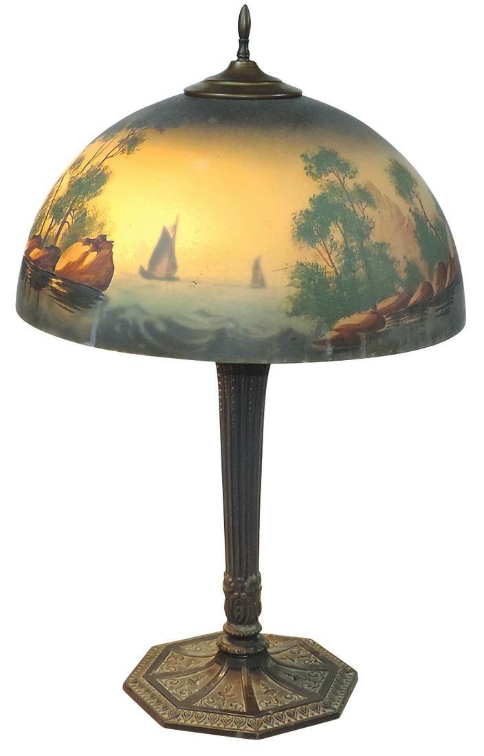 Arts & Crafts Reverse-Painted Table Lamp, half-spherical shade w/sailboat scene on bronzed base (1 of 1)