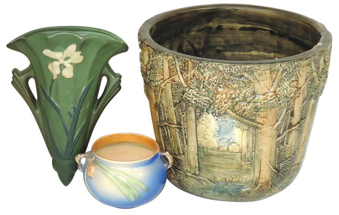 Art Pottery (3), Weller Woodland jardiniÃ¨re, Roseville style Iris wall pocket & Pinecone bowl, (1 of 1)