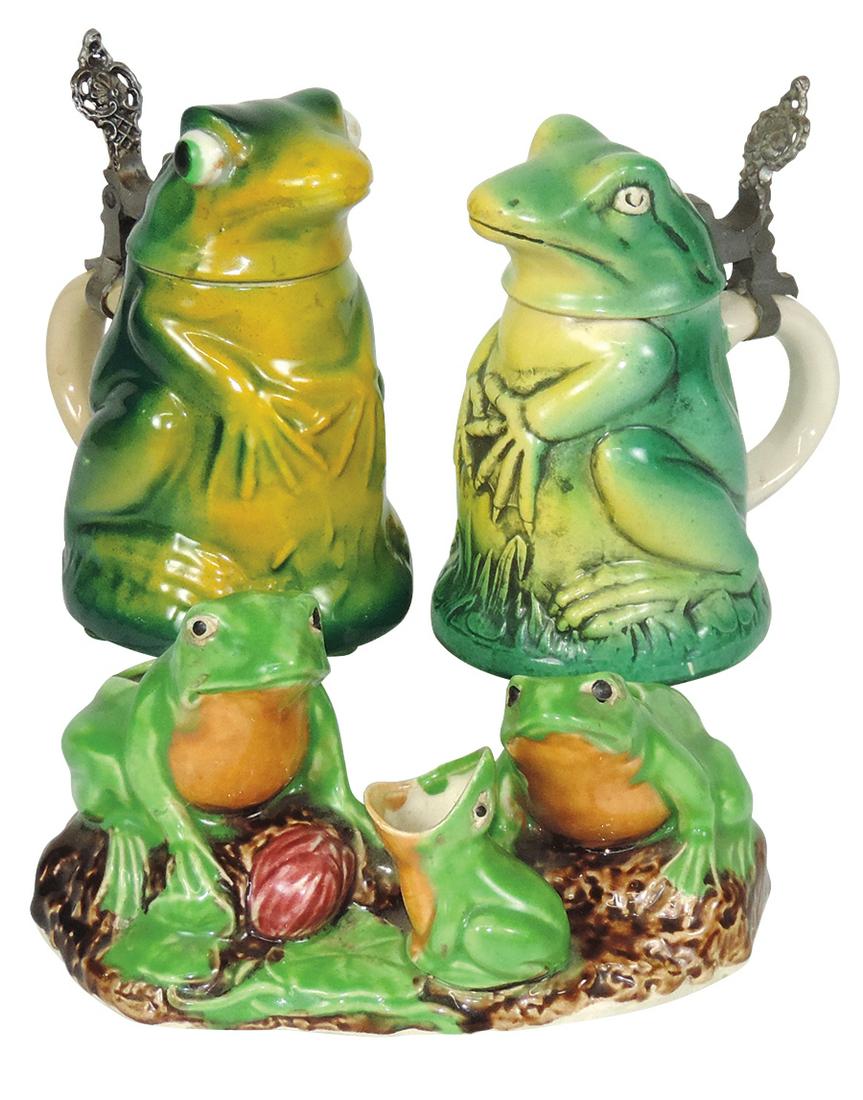 Art Pottery Frogs (3), 2 German figural steins & Japan 3 Frogs smoking stand, VG cond, largest (1 of 1)