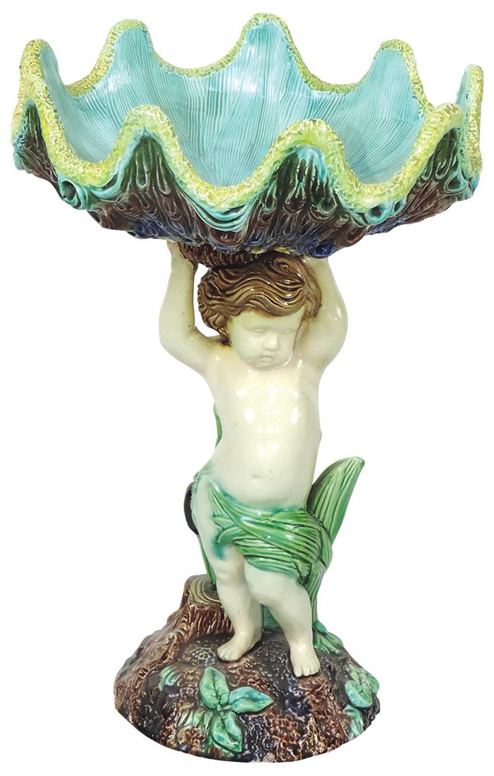 Art Pottery, Majolica Figural Compote, attributed to Hugo Lonitz Palissy Ware w/Putto below a (1 of 1)