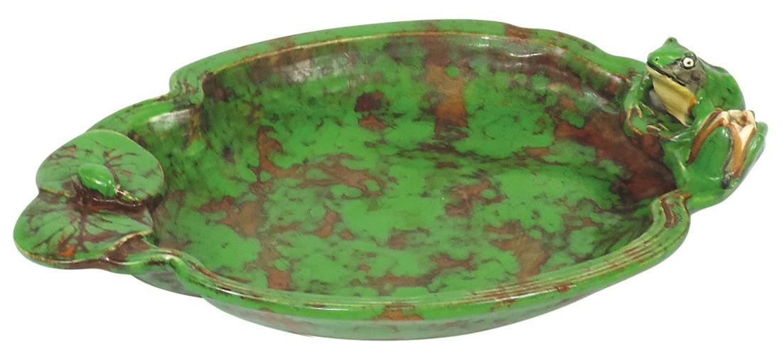 Art Pottery, Weller Frog & Lily console bowl, stamped mark on base, Exc cond, 16"L. (1 of 1)