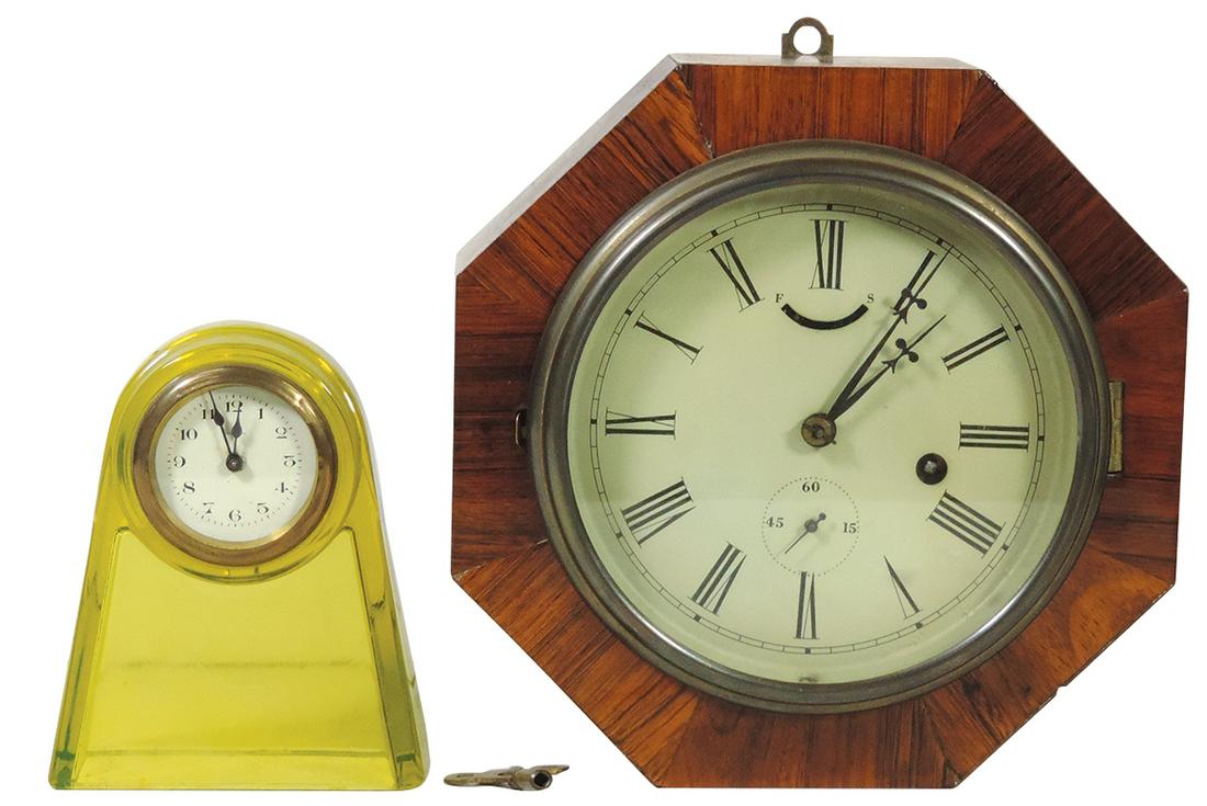 Clocks (2), Art Deco Vaseline glass dresser w/Waltham movement & 19th C. mahogany cased octagonal (1 of 1)