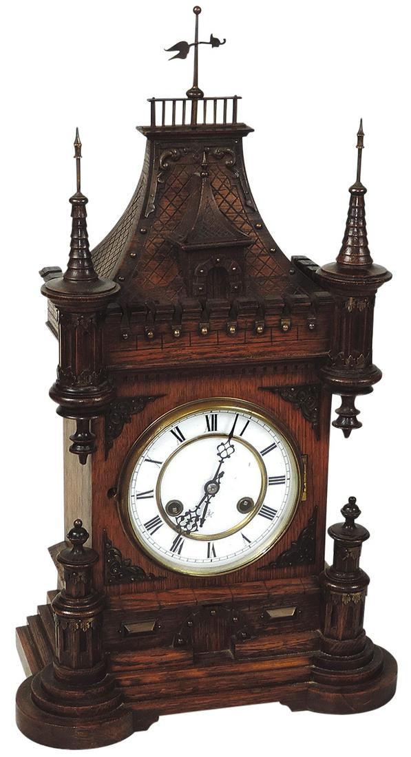 Clock, Austrian architectural bracket in carved walnut case modeled as a castle w/turrets & bronze (1 of 1)