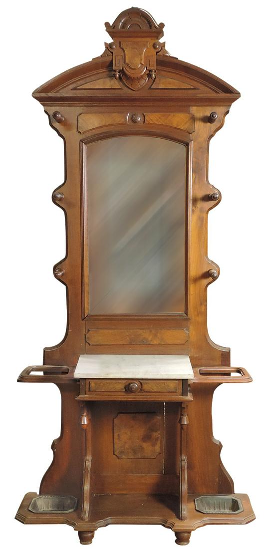 Furniture, Victorian hall tree, walnut w/drawer under marble top, hat pegs & umbrella racks w/orig (1 of 1)