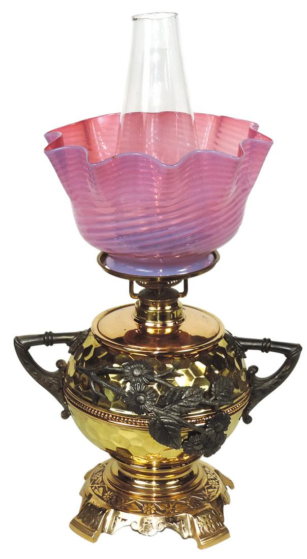 Lighting, aesthetic oil lamp, mixed metal bronze & brass w/white metal handles & applied florals (1 of 1)