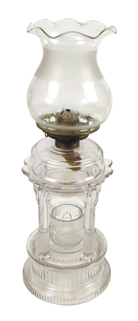 Lighting, American pressed glass portico oil lamp, 4-pc w/clear font in 4-column stand, match (1 of 1)