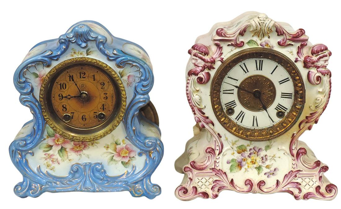Clocks (2), Ansonia, porcelain mantel "Tuskegee" pattern 8-day & P. Kroeber 8-day, VG cond w/o keys (1 of 1)