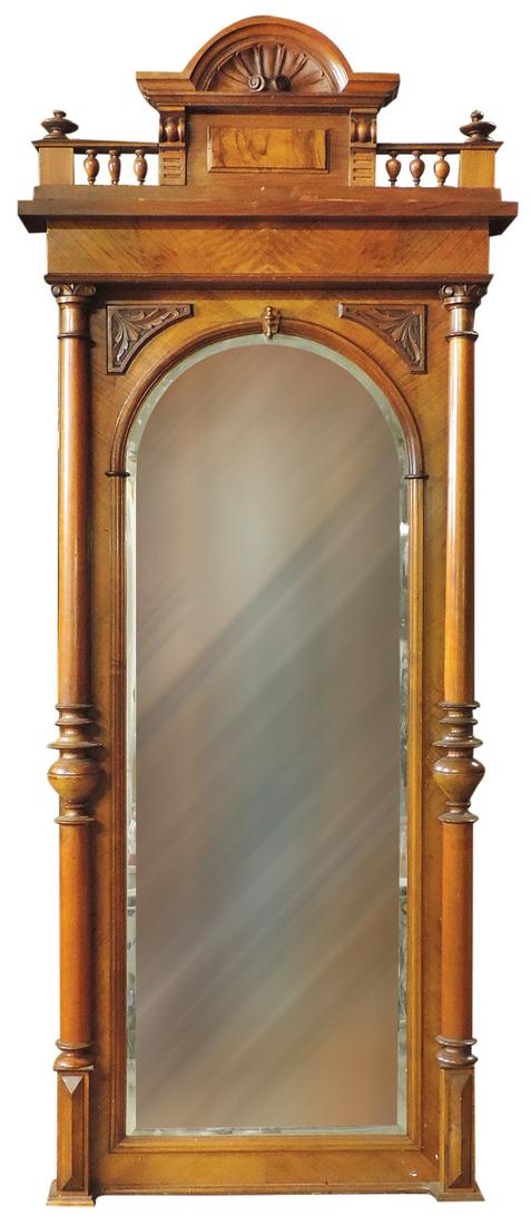 Furniture Victorian pier mirror, walnut w/arched & beveled glass w/turned columns & carved corner (1 of 1)