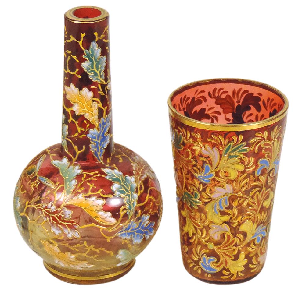 Art Glass (2), Moser, enameled cranberry vase & tumbler w/leafy designs, latter signed on base, Exc (1 of 1)