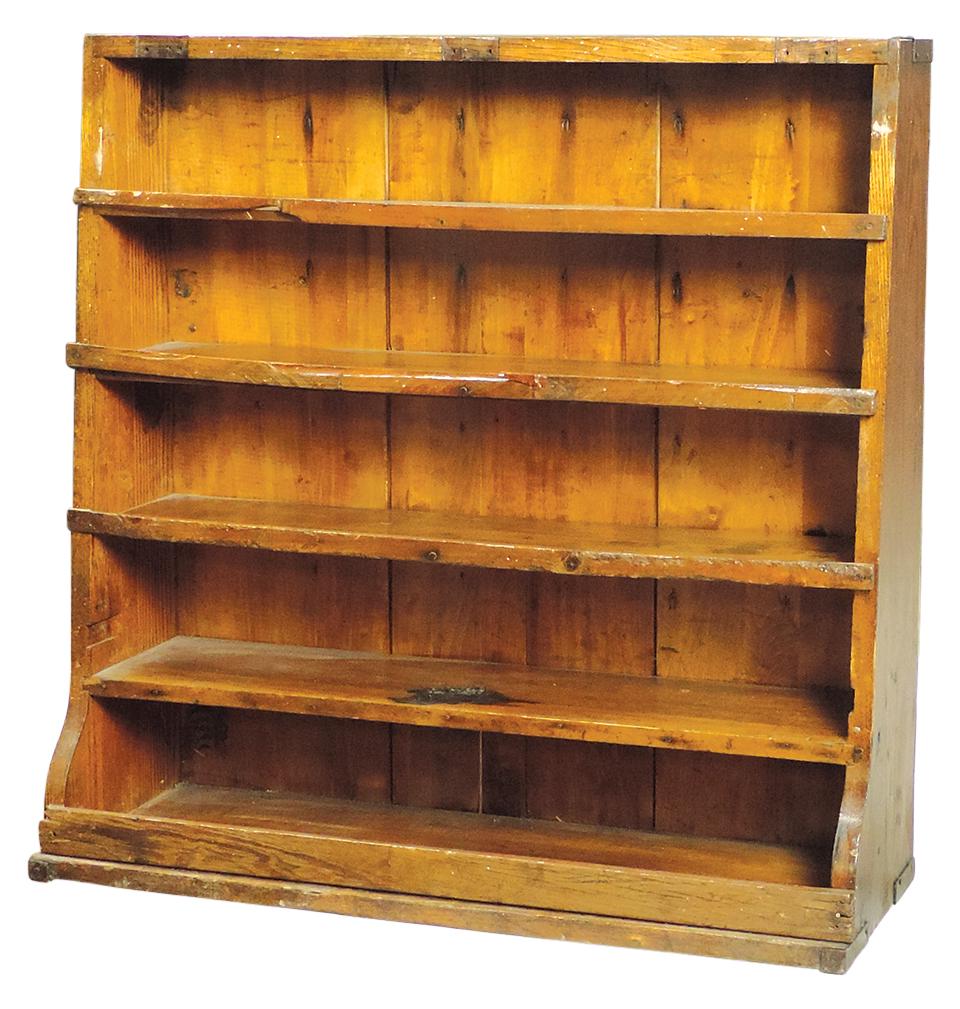 Western Chuckwagon Cupboard, oak & pine w/5 shelves, hinged front cover absent, Good+ cond w/age, (1 of 1)