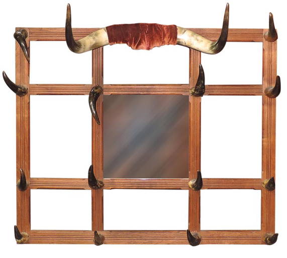 Western Furniture, Cow Horn Hat Rack, Walnut W/14 Horns On Fluted