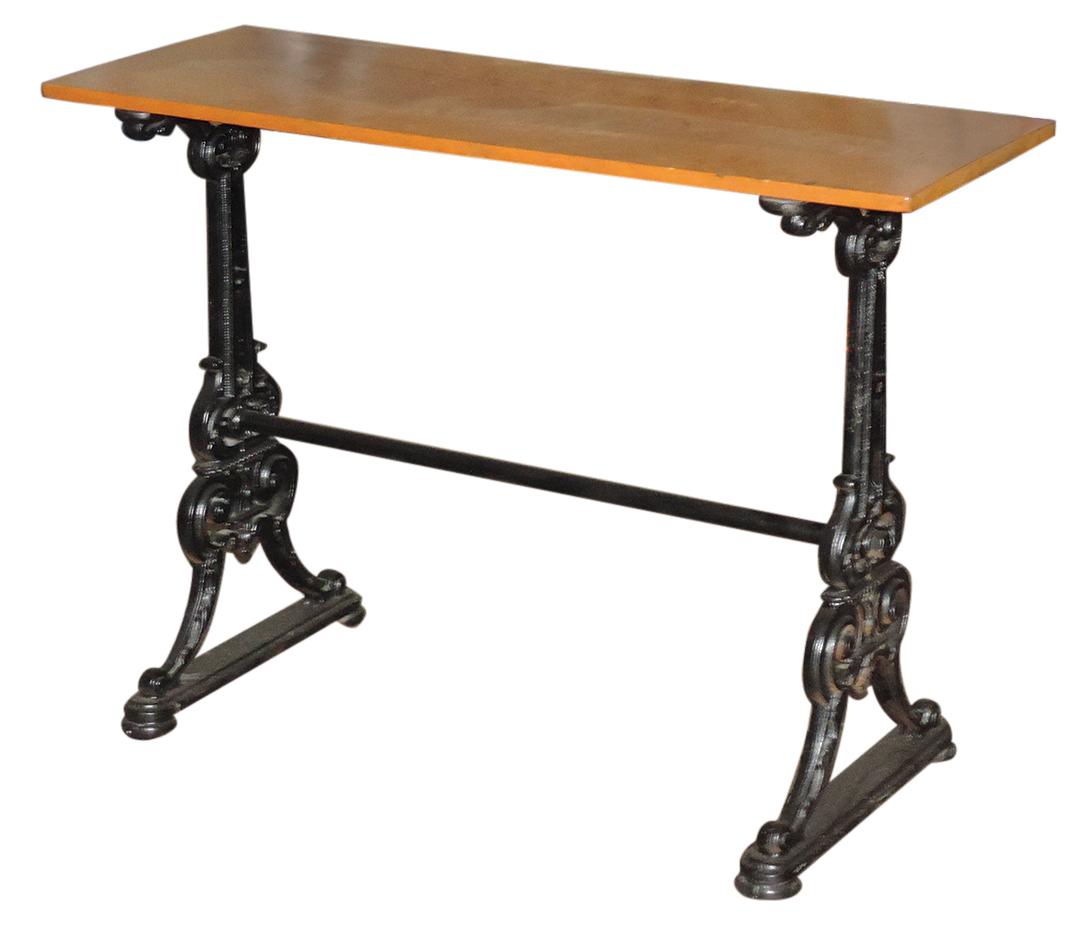 Victorian Stand, ornate cast iron, scrolled openwork trestle legs w/later walnut top, Exc cond, 39"H (1 of 1)