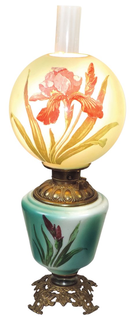 Lighting, Victorian parlor lamp, opalescent glass base & shade w/matching Iris decor on metal stand, (1 of 2)