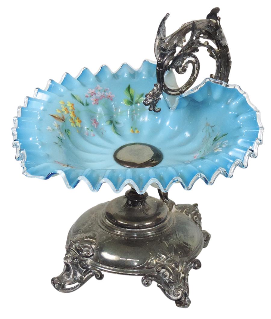 Art Glass Bride's Basket, heart-shaped blue cased glass w/enameled flowers & ruffled rim on unmarked (1 of 1)