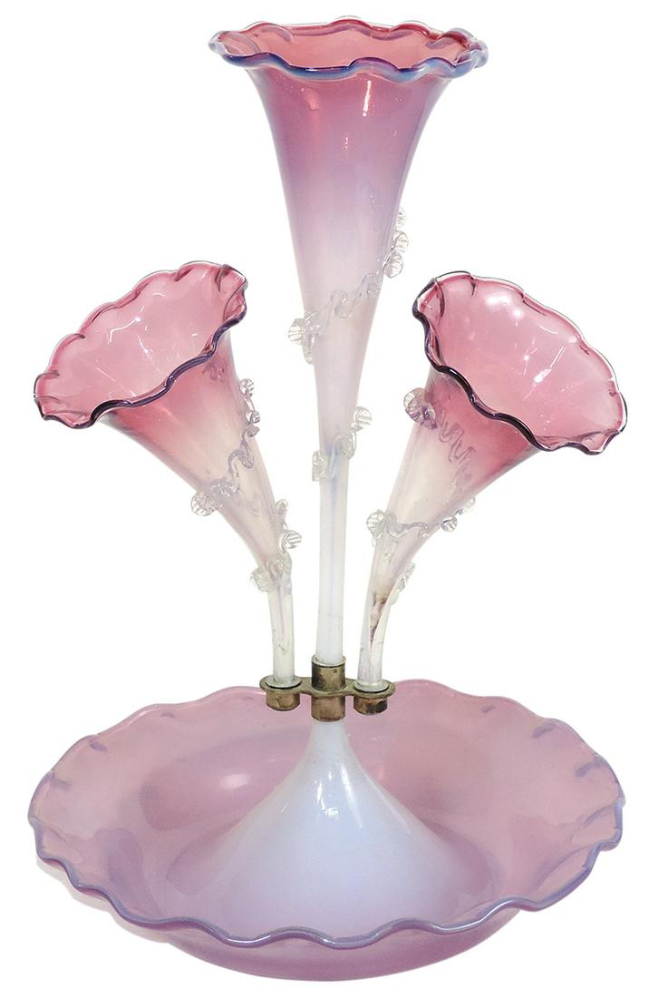 Victorian Art Glass Epergne, shaded amethyst & opalescent glass w/three lily-form vases, Exc cond, (1 of 1)