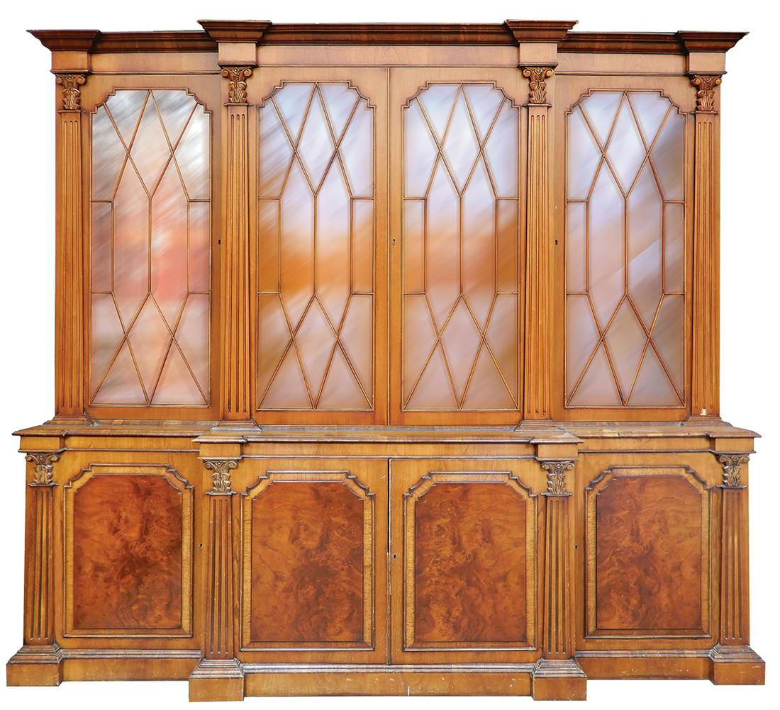 Furniture, Regency Revival mahogany set back china cabinet, 2-pc w/4-door top, ea overlaid w/molded (1 of 1)